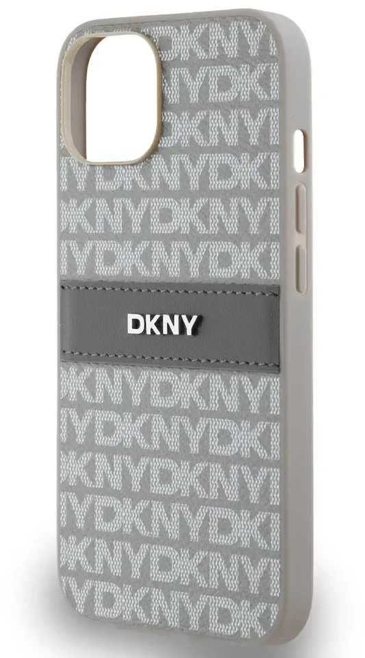 Apple iPhone 13 / 14 / 15 DKNY odinis dėklas Mono Stripe & Metal Logo (DKHCP14SPRTHSLE) beige
