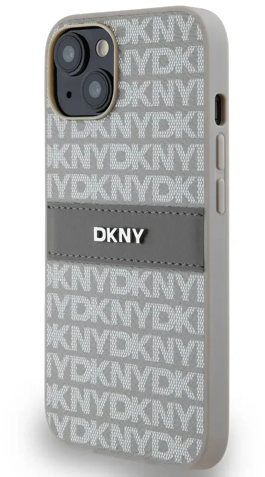 Apple iPhone 13 / 14 / 15 DKNY odinis dėklas Mono Stripe & Metal Logo (DKHCP14SPRTHSLE) beige
