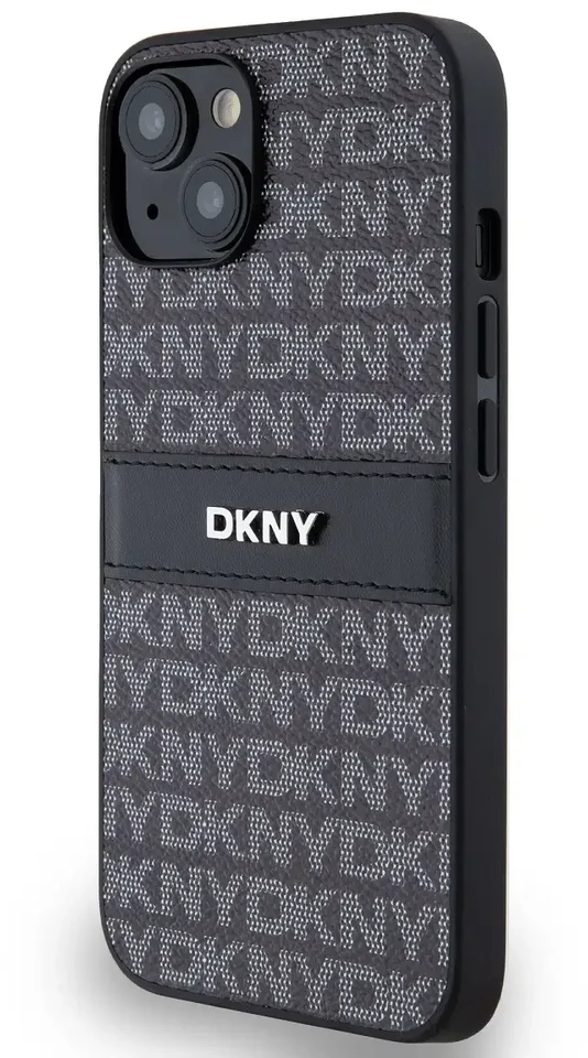 DKNY DKHCP14SPRTHSLK Apple iPhone 14 15 13 6.1″ juodos spalvos kietas dėklas Leather Mono Stripe & Metal Logo