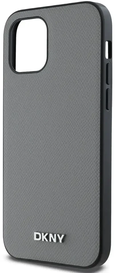 DKNY PU Leather Sidabrinis Metal Logo Magsafe dėklas telefonui Apple iPhone 12/12 Pro pilkos spalvos