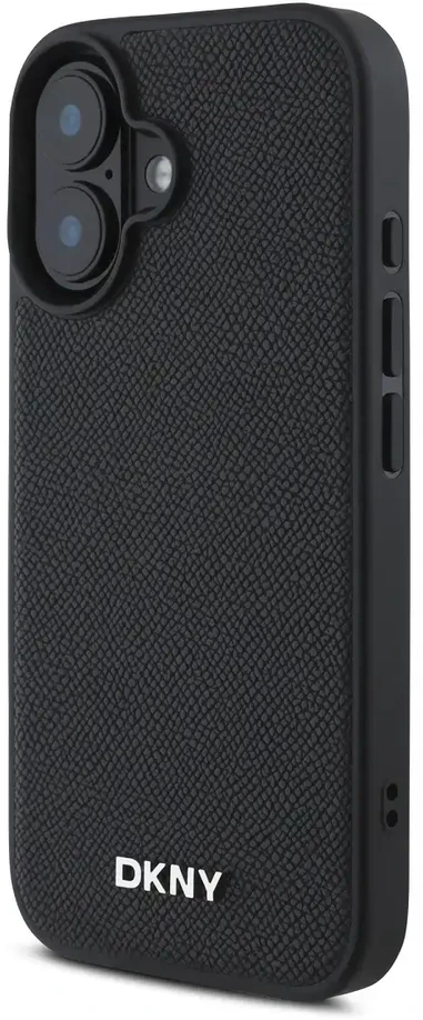 DKNY PU Leather Sidabrinis Metal Logo Magsafe Apple iPhone 16 Plus dėklas telefonui juodos spalvos
