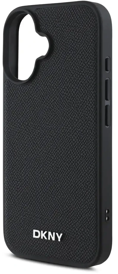 DKNY PU Leather Sidabrinis Metal Logo Magsafe Apple iPhone 16 Plus dėklas telefonui juodos spalvos