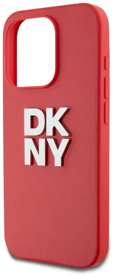 DKNY PU Leather Stack Logo Wrist Strap dėklas telefonui Apple iPhone 15 Pro raudonos spalvos