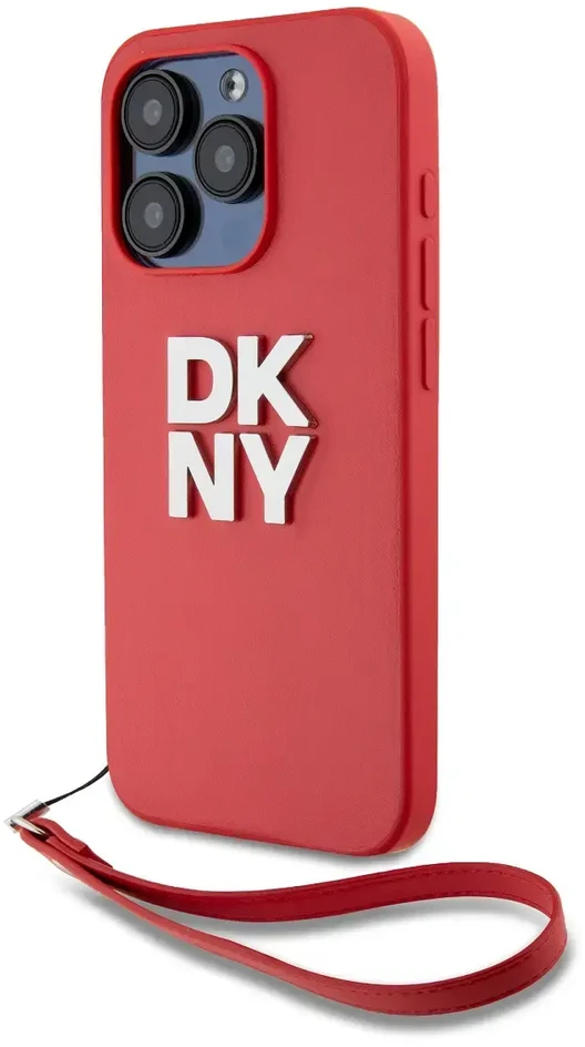 DKNY PU Leather Stack Logo Wrist Strap dėklas telefonui Apple iPhone 15 Pro raudonos spalvos
