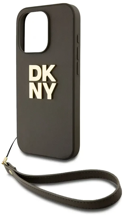 DKNY PU Leather Stack Logo Wrist Strap dėklas telefonui Apple iPhone 14 Pro Max rudos spalvos