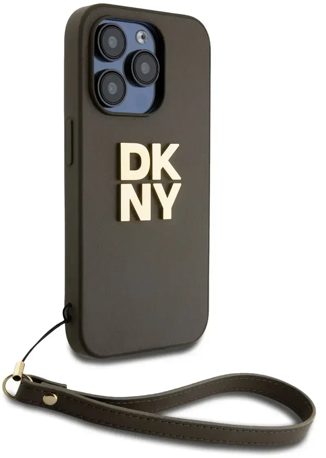DKNY PU Leather Stack Logo Wrist Strap dėklas telefonui Apple iPhone 15 Pro rudos spalvos