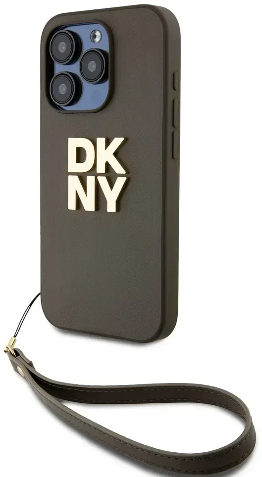 DKNY PU Leather Stack Logo Wrist Strap dėklas telefonui Apple iPhone 15 Pro rudos spalvos