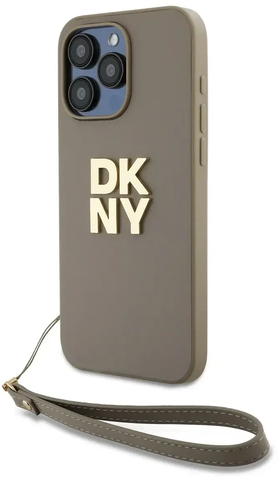 DKNY PU Leather Stack Logo Wrist Strap dėklas telefonui Apple iPhone 14 Pro Max rusvai gelsvas