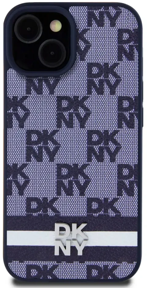 DKNY PU Leather Checkered Pattern and Stripe dėklas telefonui Apple iPhone 15 mėlynos spalvos