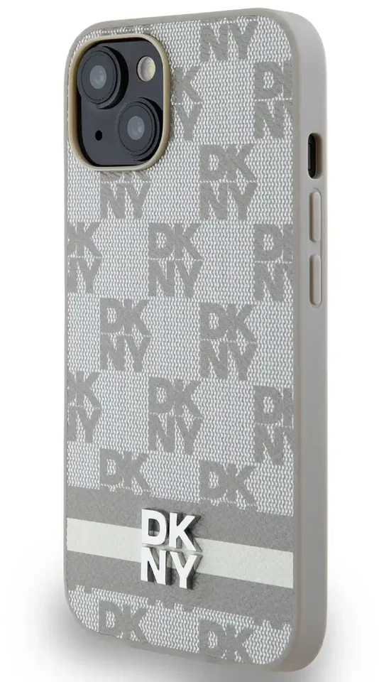 DKNY PU Leather Checkered Pattern and Stripe dėklas telefonui Apple iPhone 14 rusvai gelsvas