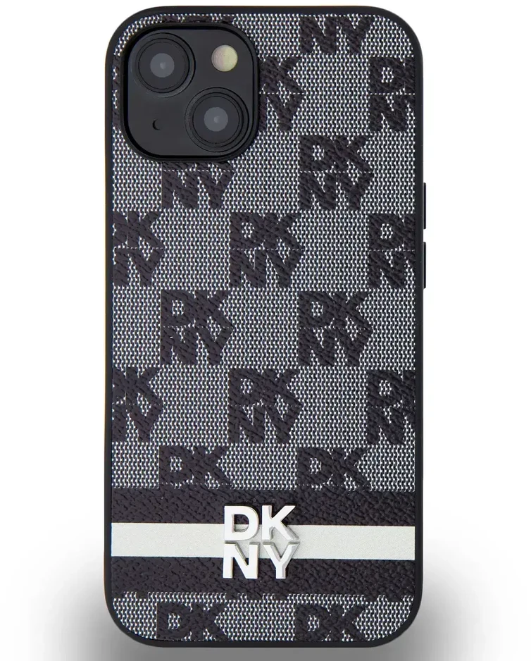 Apple iPhone 13 / 14 / 15 DKNY odinis dėklas Checkered Mono Pattern & Printed Stripes (DKHCP14SPCPTSSK) juodos spalvos