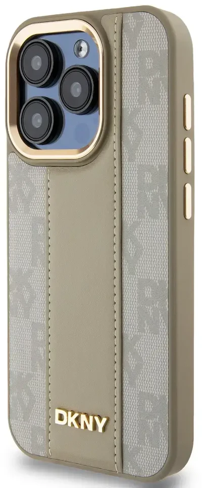 DKNY PU Leather Checkered Pattern Magsafe dėklas telefonui Apple iPhone 15 Pro Max rusvai gelsvas