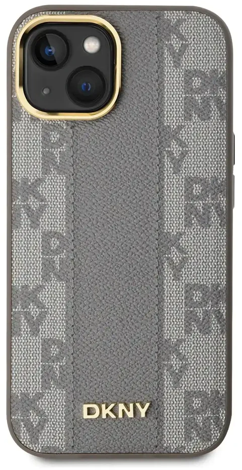 DKNY PU Leather Checkered Pattern Magsafe dėklas telefonui Apple iPhone 15 rusvai gelsvas