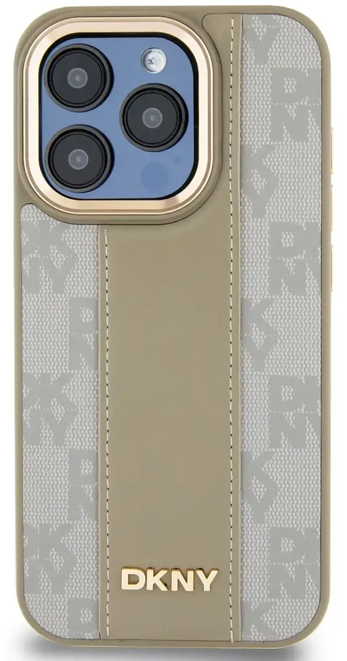 DKNY PU Leather Checkered Pattern Magsafe dėklas telefonui Apple iPhone 15 Pro Max rusvai gelsvas