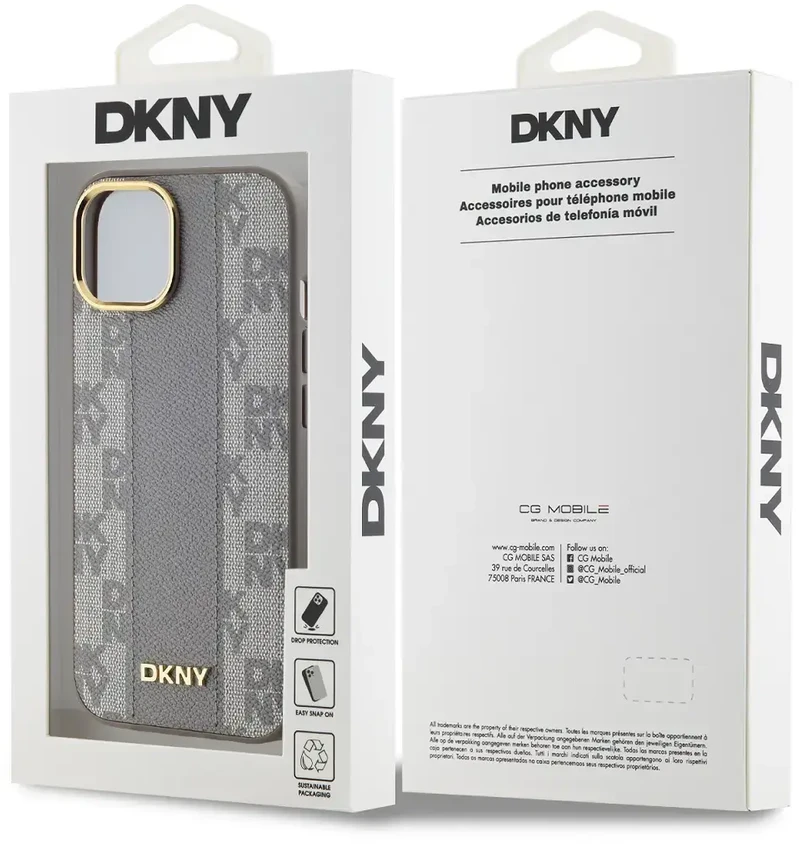 DKNY PU Leather Checkered Pattern Magsafe dėklas telefonui Apple iPhone 15 rusvai gelsvas