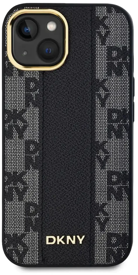 DKNY DKHMP15SPCPVSLK Apple iPhone 15 14 13 6.1″ juodos spalvos kietas dėklas Leather Checkered Mono Pattern MagSafe
