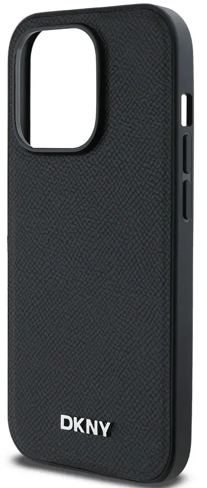 DKNY PU Leather Sidabrinis Metal Logo Magsafe dėklas telefonui Apple iPhone 14 Pro juodos spalvos