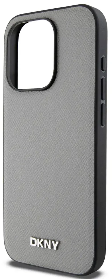 DKNY PU Leather Sidabrinis Metal Logo Magsafe dėklas telefonui Apple iPhone 15 Pro pilkos spalvos