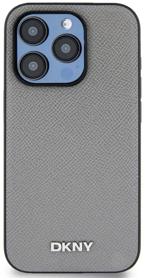 DKNY PU Leather Sidabrinis Metal Logo Magsafe dėklas telefonui Apple iPhone 14 Pro pilkos spalvos