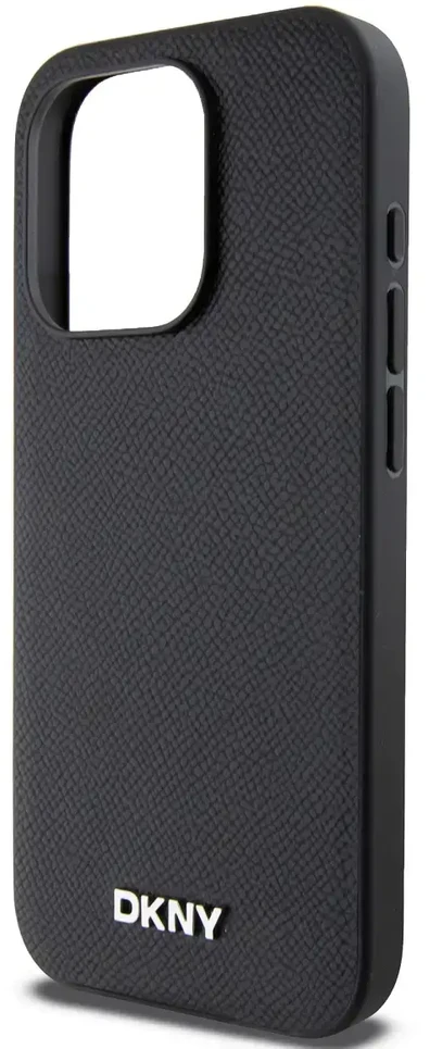 DKNY PU Leather Sidabrinis Metal Logo Magsafe dėklas telefonui Apple iPhone 15 Pro juodos spalvos