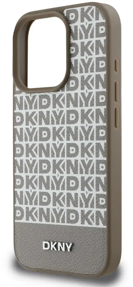Dėklas DKNY PU odos kartotinio rašto apatinė juostelė MagSafe Apple iPhone 16 Pro Brown