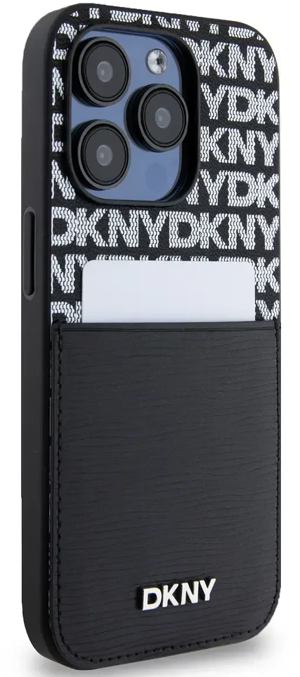 DKNY PU Leather Repeat Pattern Card Pocket dėklas telefonui Apple iPhone 15 Pro juodos spalvos