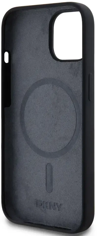 Apple iPhone 13 / 14 / 15 DKNY dėklas Liquid Silicone Baltas Printed Logo MagSafe (DKHMP15SSNYACH) juodos spalvos