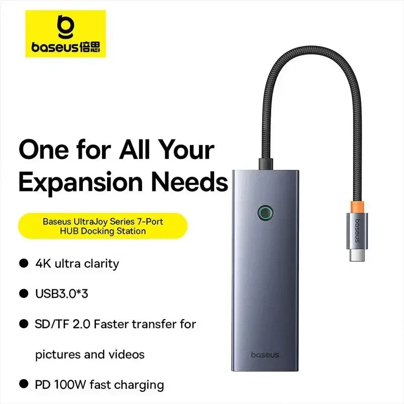 Hub 7in1 Baseus UltraJoy, USB-C – HDMI, 3xUSB 3.0, PD, SD/TF (pilka)