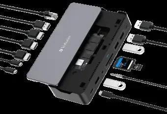 „Verbatim USB-C Pro 15w1“ 2x HDMI | 1x RJ45 | 3x USB-A | 3x USB-C | 1x SD | 1x Micro SD | 1x Audio | 1x DP | 1x SSD pilka