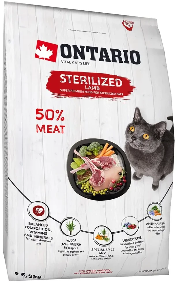 Sausā barība kaķiem - Ontario Cat Sterilised ėriena, 6.5kg