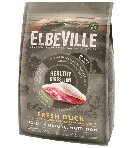 Sausas šunų ėdalas - ELBEVILLE Adult All Breeds Fresh antiena Healthy Digestion 4kg