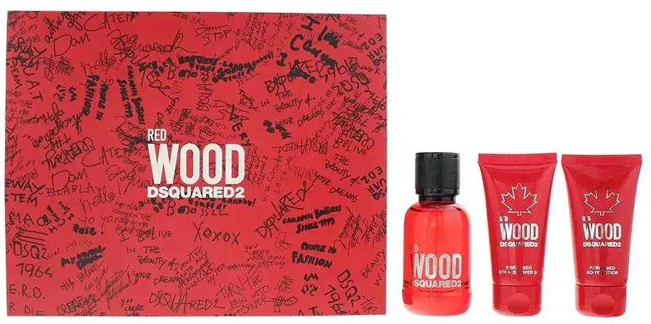 Dsquared2 Set Dsquared 2: Raudona Wood Eau De Toilette For Women, 50 ml + Raudona Wood Dušo želė & Šampūnas 2-In-1, 50 ml + Raudona Wood Losjonas kūnui, 50 ml