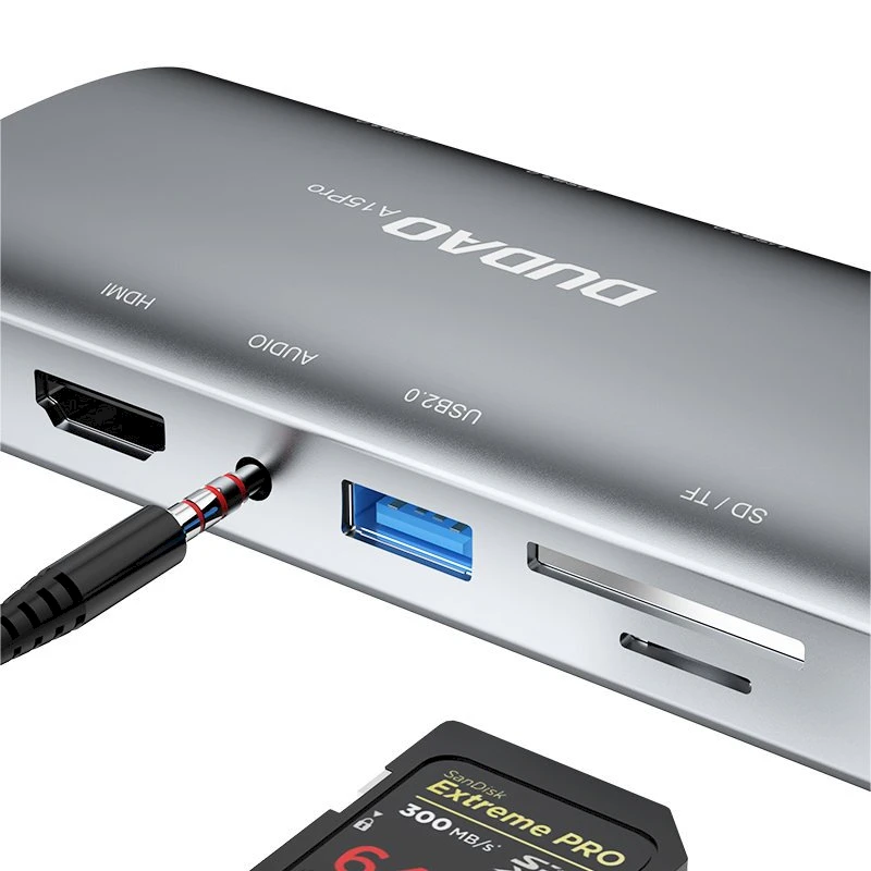 Dudao 11in1 daugiafunkcis HUB USB Type C - USB Type C PD 60 W / HDMI / 3,5 mm mini lizdas / 1x USB 2.0 / SD kortelių skaitytuvas micro SD / VGA / RJ45 / 3x USB 3.2 Gen 1 pilka (A15Pro pilka)