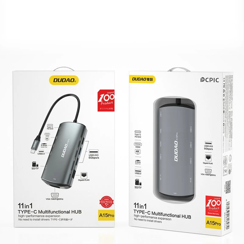 Dudao 11in1 daugiafunkcis HUB USB Type C - USB Type C PD 60 W / HDMI / 3,5 mm mini lizdas / 1x USB 2.0 / SD kortelių skaitytuvas micro SD / VGA / RJ45 / 3x USB 3.2 Gen 1 pilka (A15Pro pilka)