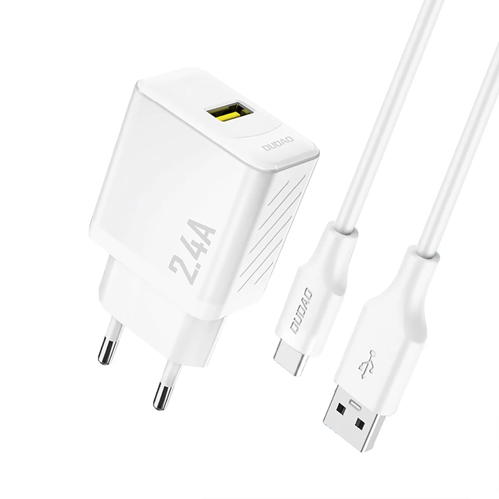 Dudao A23TEU 2.4A GaN USB-A sieninis įkroviklis su USB-A - USB-C laidu - Baltas