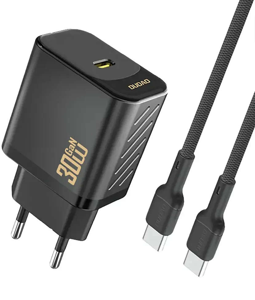 Dudao A27PCEU PD 30W GaN USB-C sieninis įkroviklis su USB-C laidu - Juodas