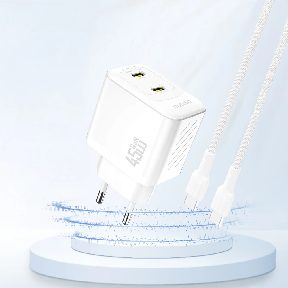 Dudao A28PEU PD 45W GaN 2xUSB-C sieninis įkroviklis - Baltas