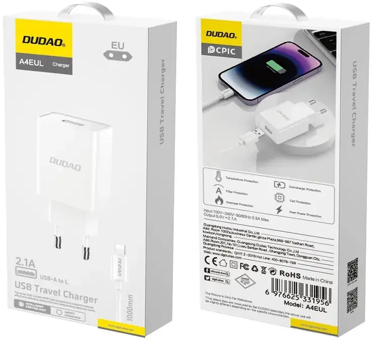 Dudao A4EU USB-A 2.1A laidinis įkroviklis – baltos spalvos + USB-A – Lightning kabelis