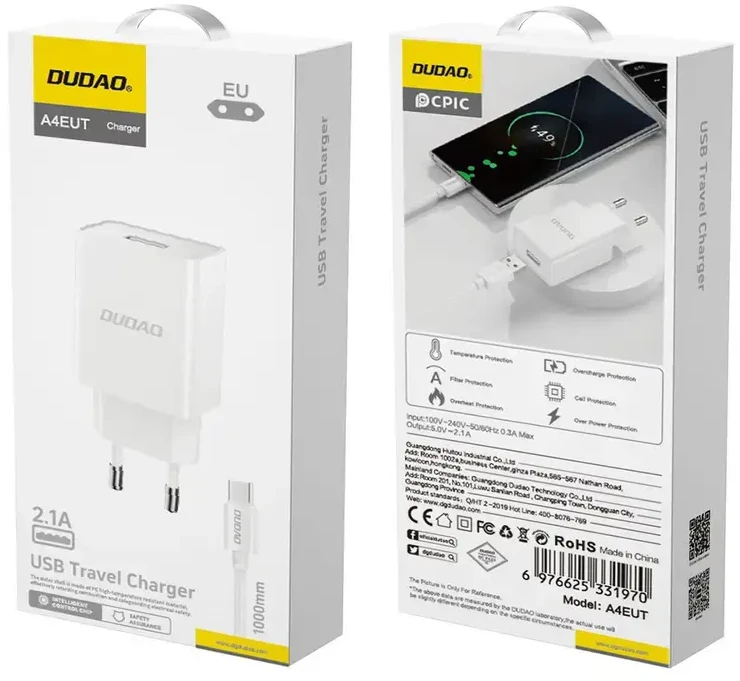 Įkroviklis Dudao (A4EU) + type-C kabelis (1xUSB 2.1A) baltas