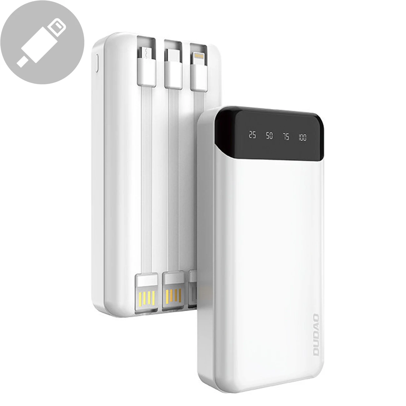 Dudao talpus maitinimo blokas su 3 įmontuotu kabeliu 20000mAh USB Type C + micro USB + Lightning baltos spalvos (Dudao K6Pro +)