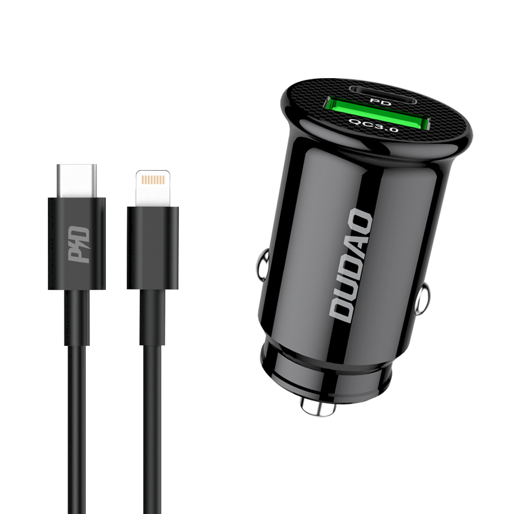 Dudao greitas automobilinis įkroviklis su USB prievadais QC3.0 + C tipo PD juodas + USB-C laidas - Lightning 18W juodas (R3PRO)
