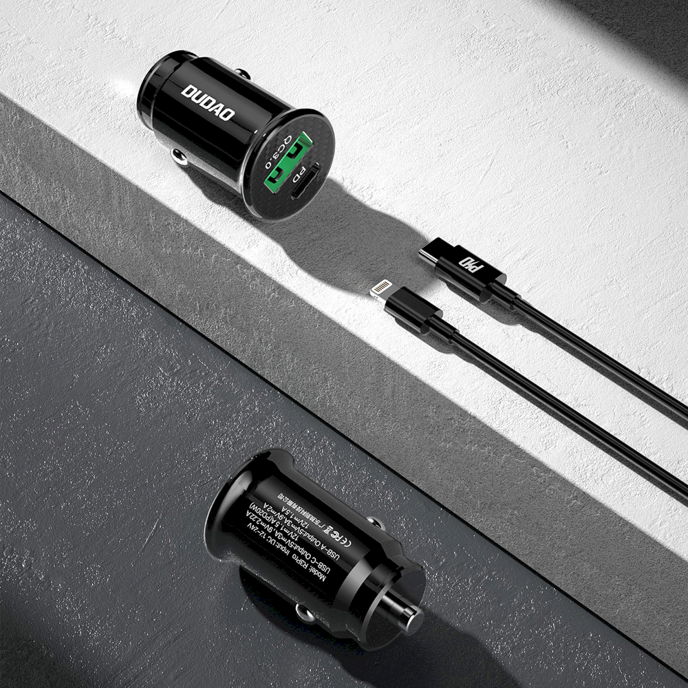 Dudao greitas automobilinis įkroviklis su USB prievadais QC3.0 + C tipo PD juodas + USB-C laidas - Lightning 18W juodas (R3PRO)