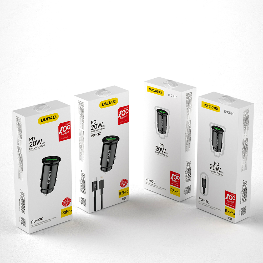 Dudao greitas automobilinis įkroviklis su USB prievadais QC3.0 + C tipo PD juodas + USB-C laidas - Lightning 18W juodas (R3PRO)