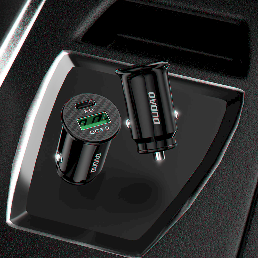 Dudao greitas automobilinis įkroviklis su USB prievadais QC3.0 + C tipo PD juodas + USB-C laidas - Lightning 18W juodas (R3PRO)