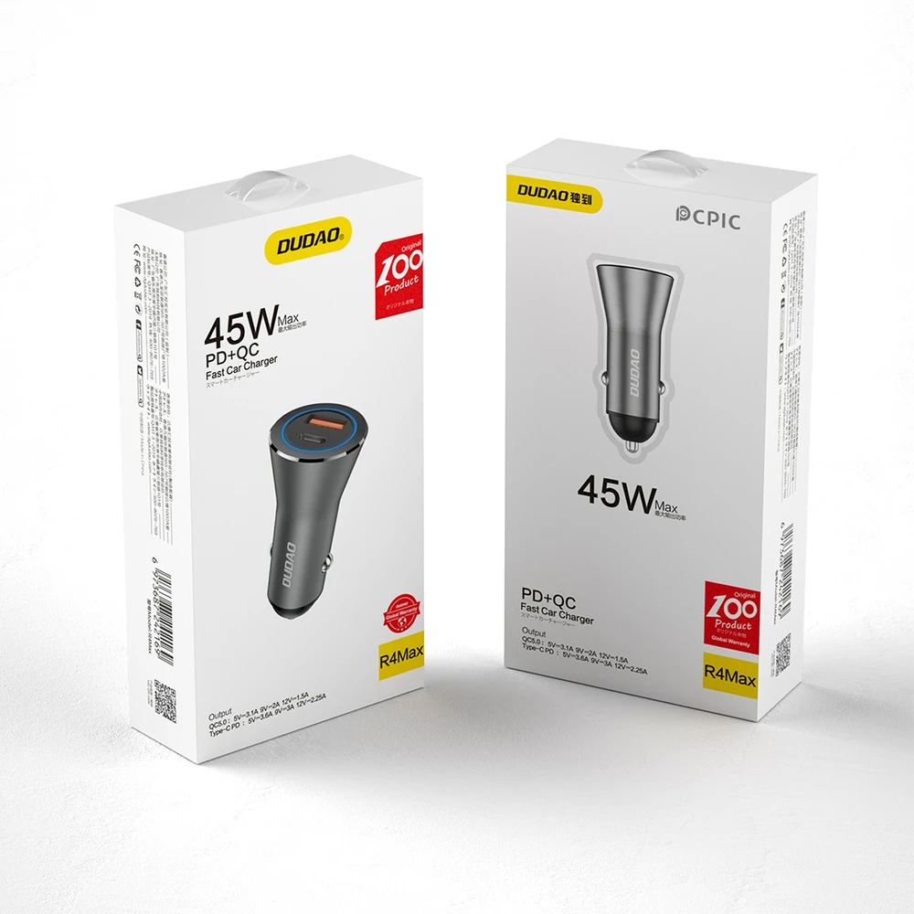Dudao greitas automobilinis įkroviklis C tipo USB (PD) + USB QC5.0 45 W pilka (R4MAX pilka)