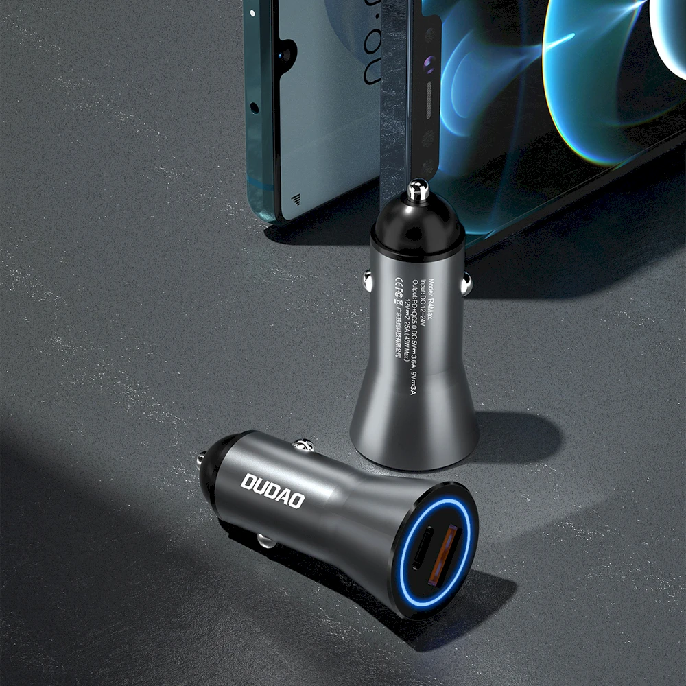 Dudao greitas automobilinis įkroviklis C tipo USB (PD) + USB QC5.0 45 W pilka (R4MAX pilka)