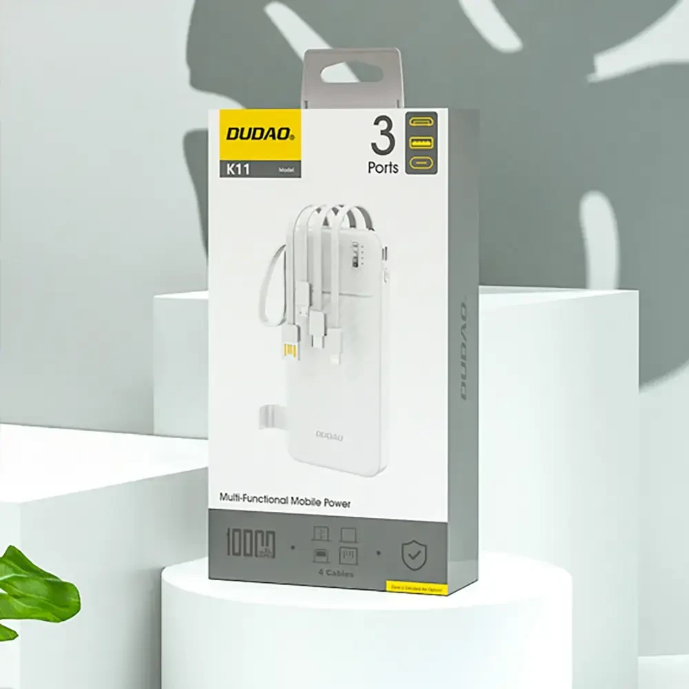Dudao K11 10000mAh Powerbank su Built-in kabeliss – baltos spalvos
