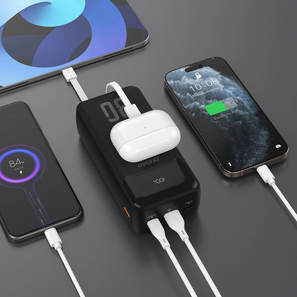 Dudao K15MAX 30000mAh PD 22.5W Powerbank with Built-in Cables - juodos spalvos