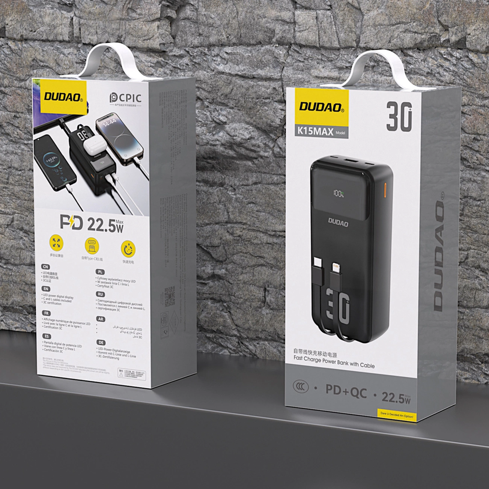 Dudao K15MAX 30000mAh PD 22.5W Powerbank with Built-in Cables - juodos spalvos