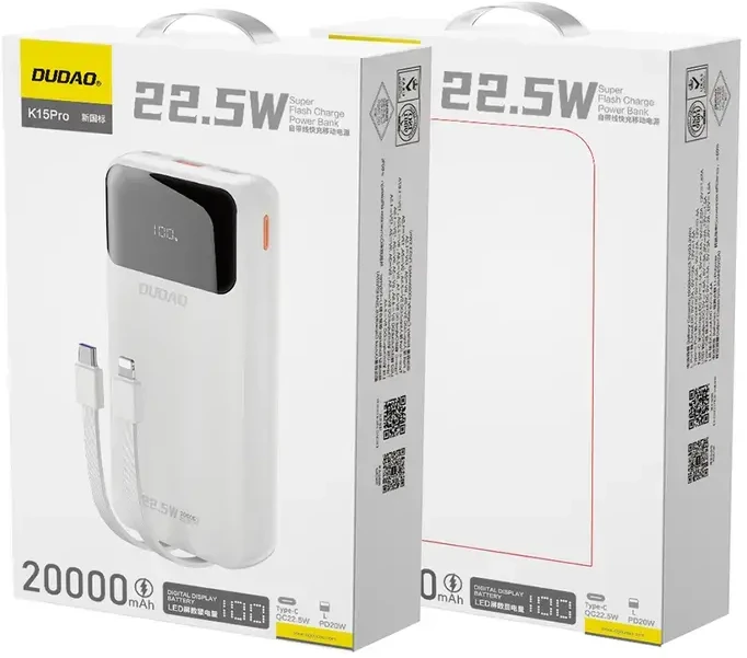 Dudao K15Pro Power Bank 20000mAh 22.5W PD USB-C / USB-A / integruotais Lightning ir USB-C kabeliais – baltos spalvos